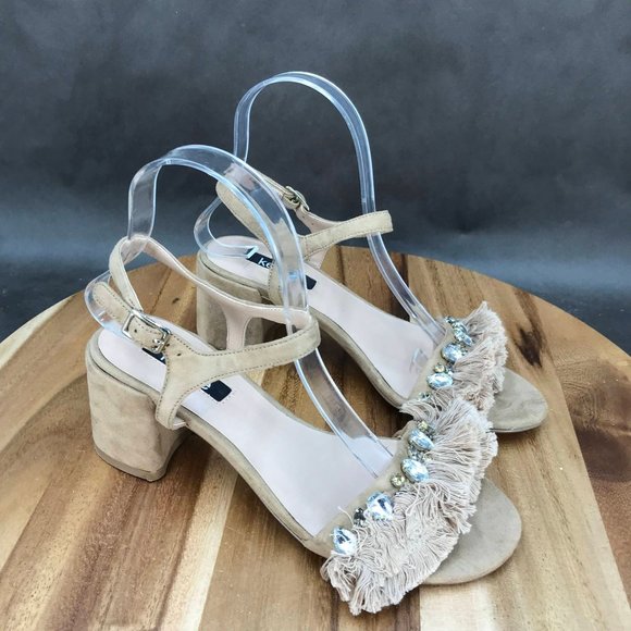 Kensie Shoes - Kensie Nude Beige Embellished Strappy Fringe Adjustable Sandals Womens Size 6